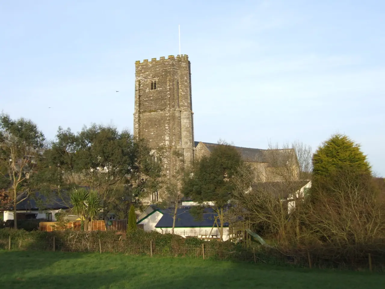 In this image in the front there's grass on the ground. In the center there is a fence. In the...
