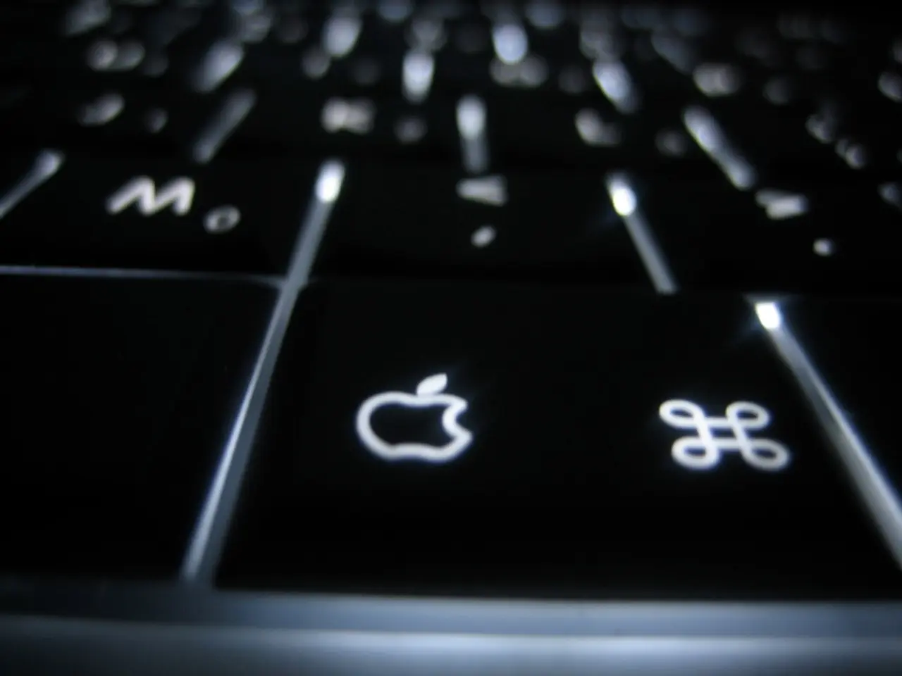 A picture of keyboard keys. On this black key we can see a logo of an apple product.
