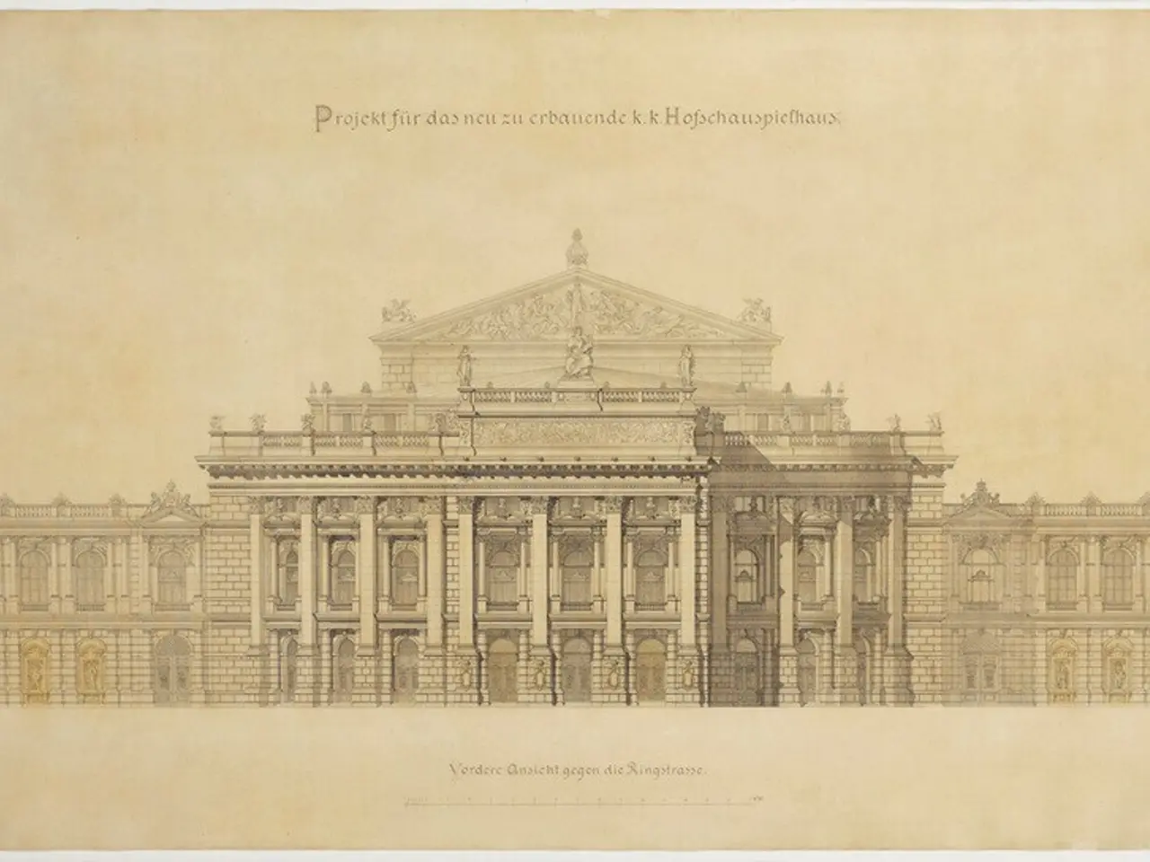 The image shows a drawing of a large building with a lot of windows, which is believed to be the...