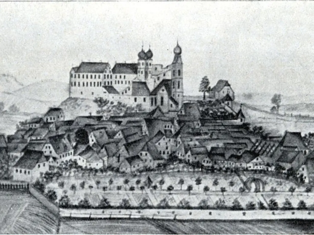 The image shows a black and white drawing of a city with a castle on top of it, surrounded by many...