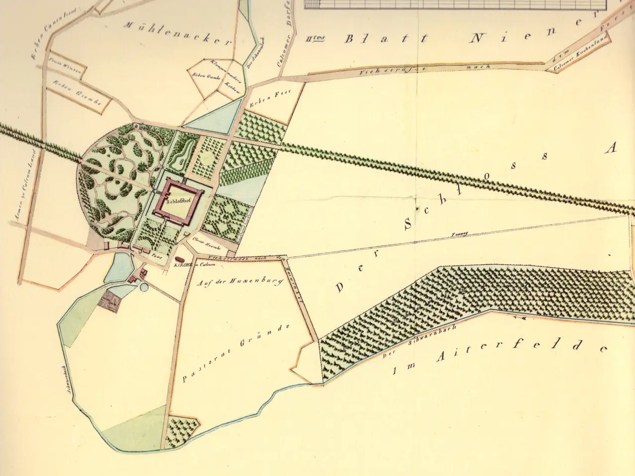 The image shows an old map of the city of Berlin, Germany, with a drawing of a building in the...