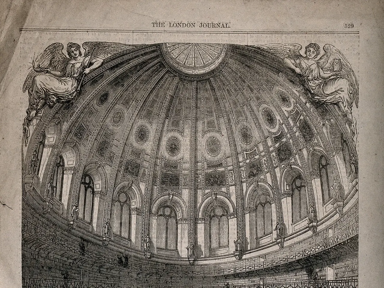 The image shows an old book with a drawing of the interior of a building, featuring people,...