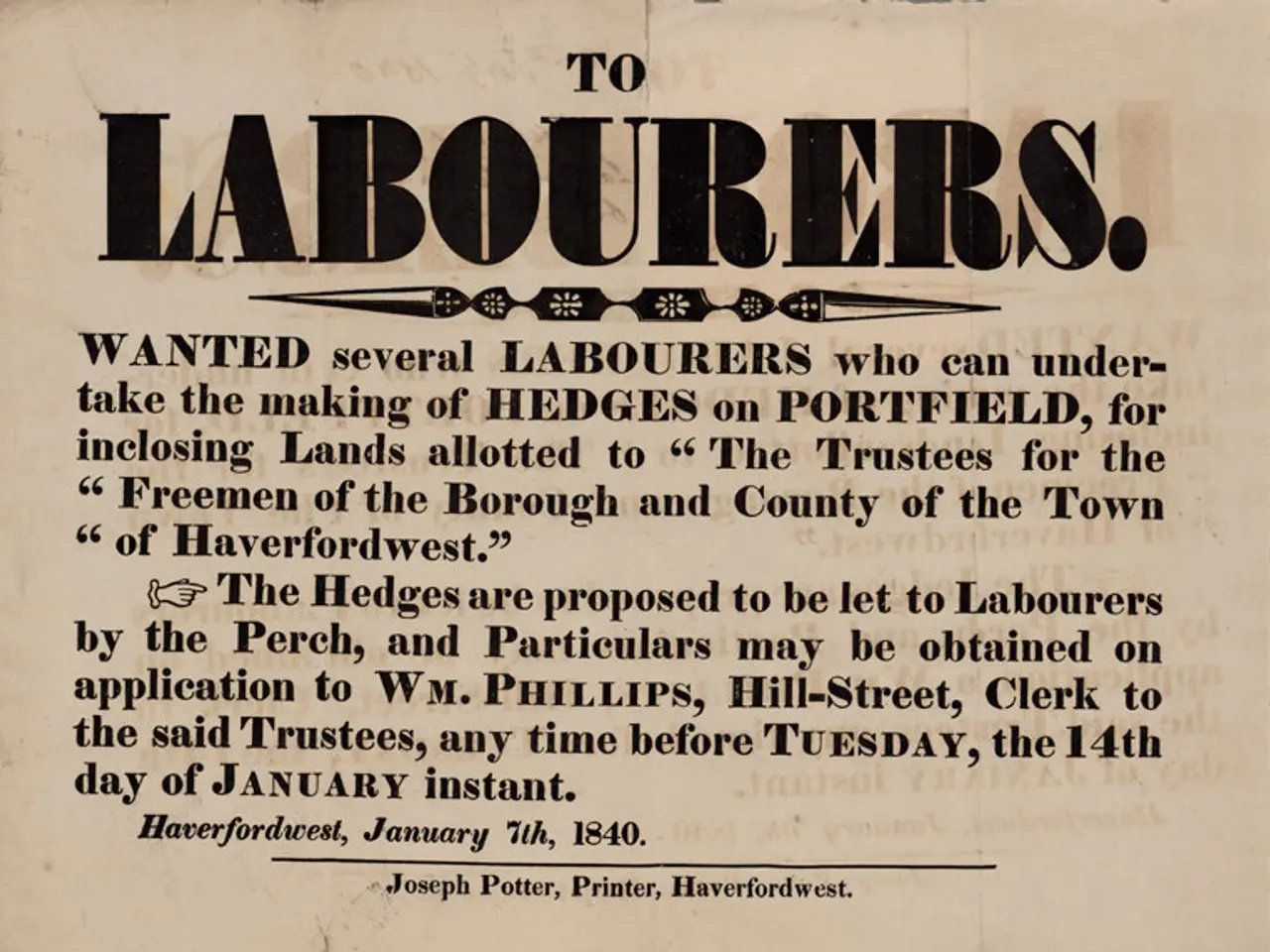 The image shows an old newspaper advertisement for a job opportunity to labourers. The paper has...