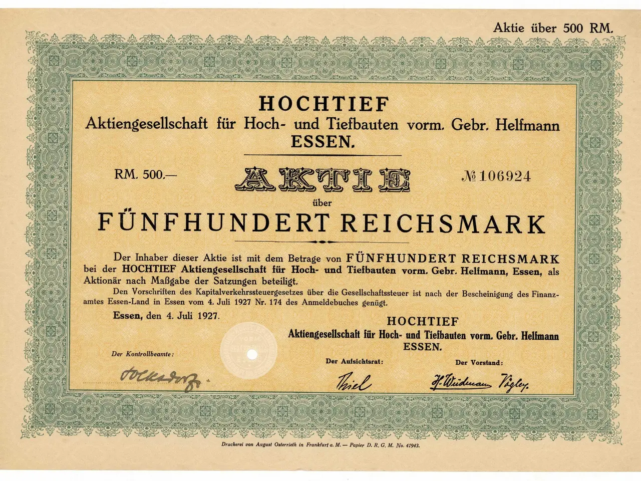 The image shows an old German stock certificate with a green border and text written on it.