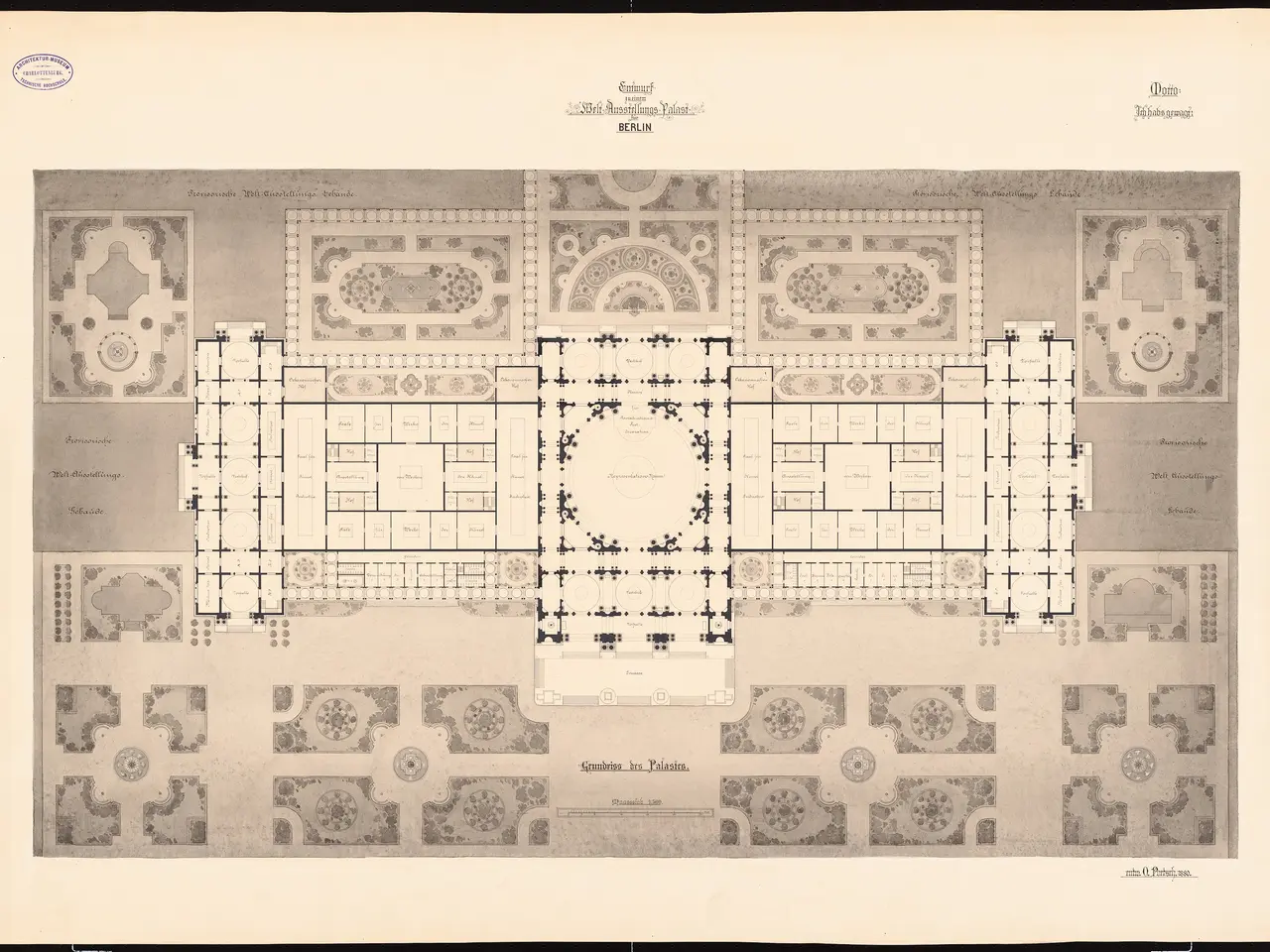 The image shows a plan of a large building with a lot of rooms, including the ground floor plan of...