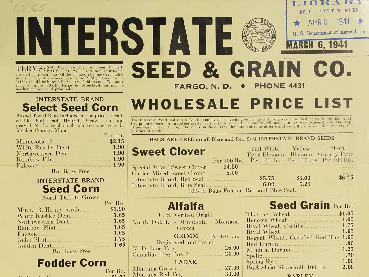 The image shows a paper with the text "Interstate Seed & Grain Co. Wholesale Price List" printed on...