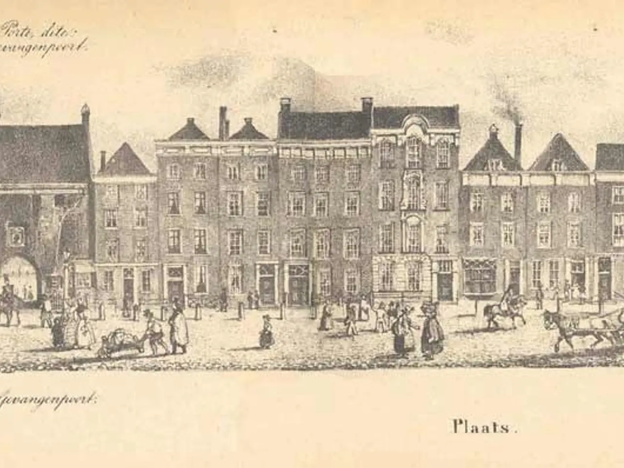 The image shows an old drawing of a city street with buildings, trees, people, carts, and horse...