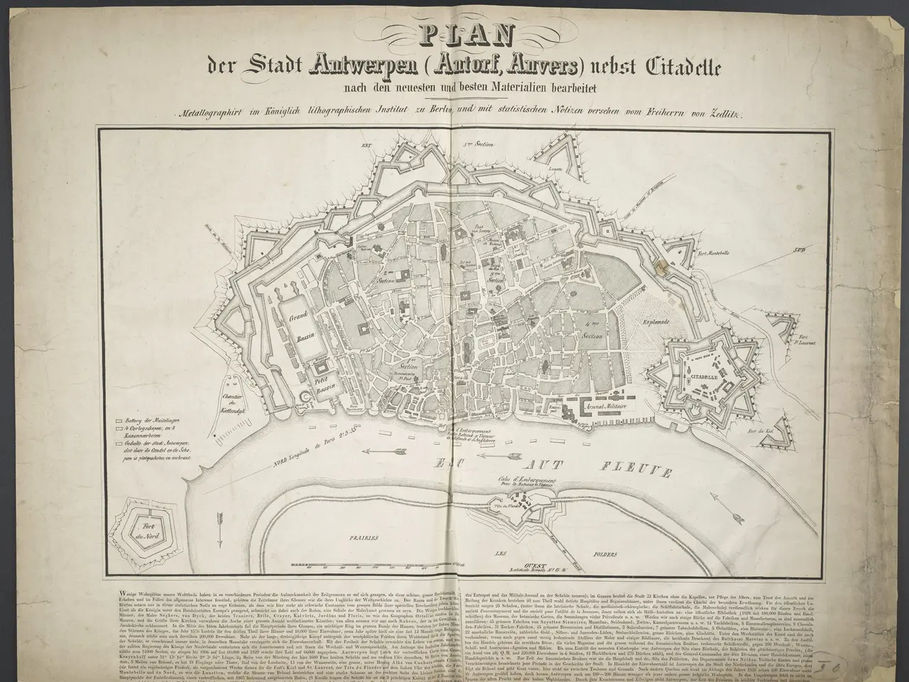 The image shows an old book with a map of the city of Berlin on it. The map is detailed and shows...