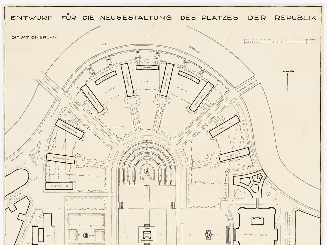 The image shows a plan of the city of Berlin, Germany, with a drawing of a building in the center....
