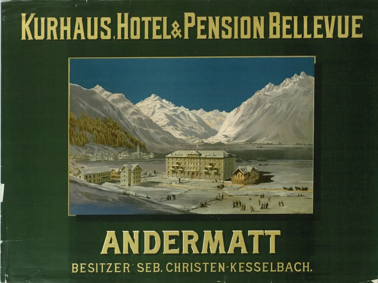 The image shows a poster advertising the Kurhaus Hotel and Pension Bellevue in Andermatt,...