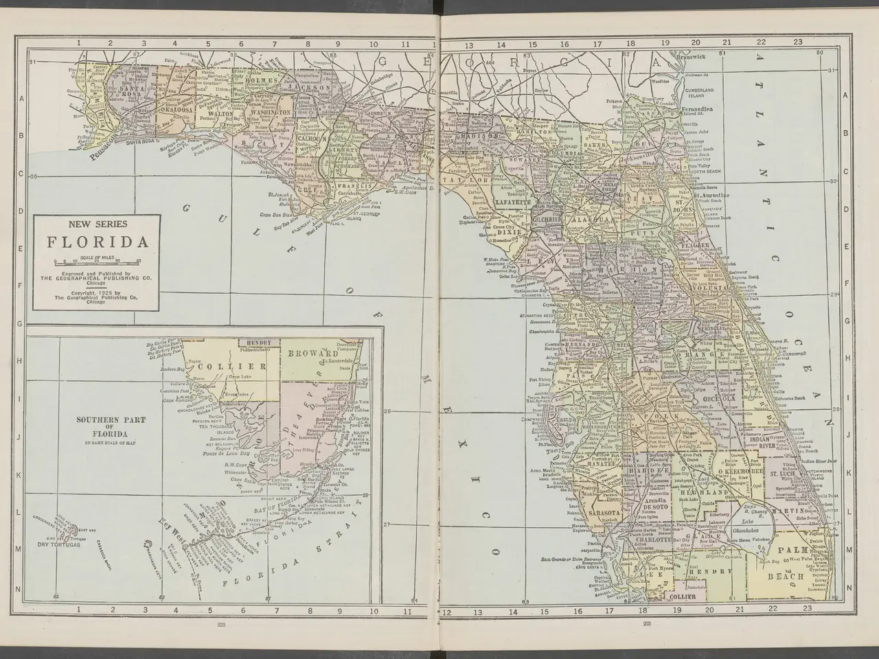 The image shows an open book with a map of Florida on it. The map is detailed and shows the various...