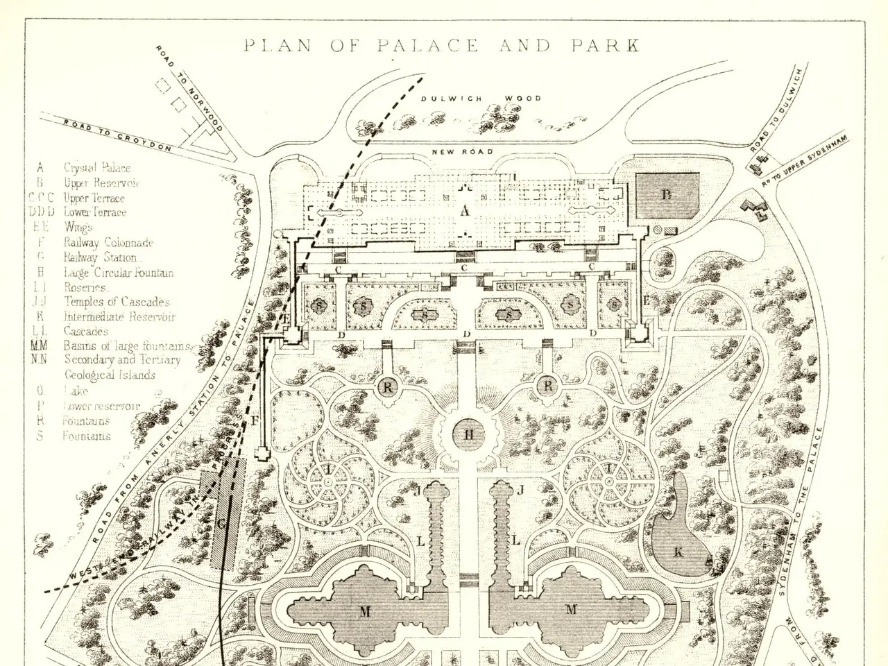 The image shows a plan of the palace and park in London, England. It is a paper with a detailed map...