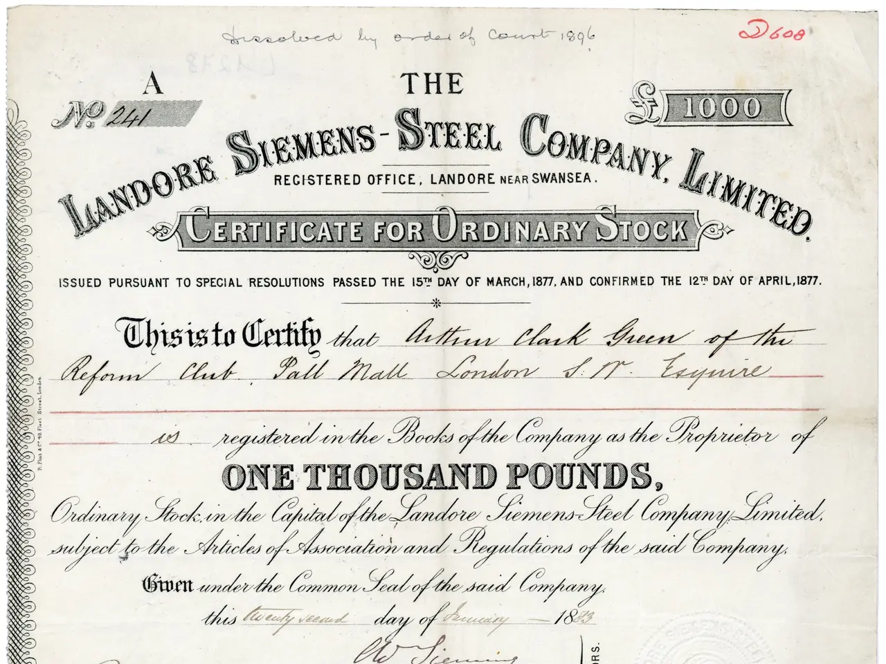 The image shows a Landore Siemens Steel Company Limited Certificate for Ordinary Stock. It is a...