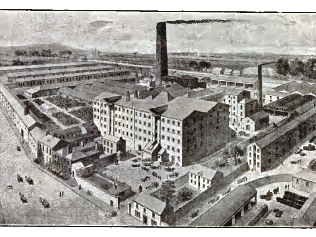 The image shows an old black and white drawing of a factory with many buildings, trees, and...