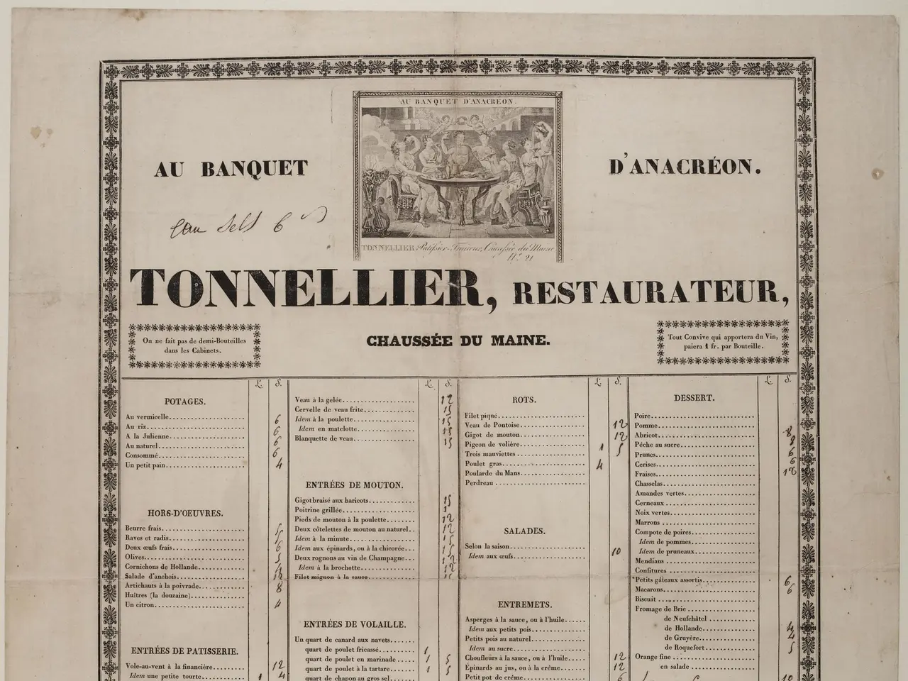 The image shows an old book with a menu for a restaurant on it. The paper has text and a picture on...