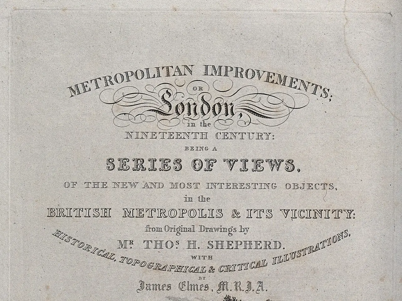 The image shows an old book with a drawing of a cityscape on it, featuring trees, buildings, and...