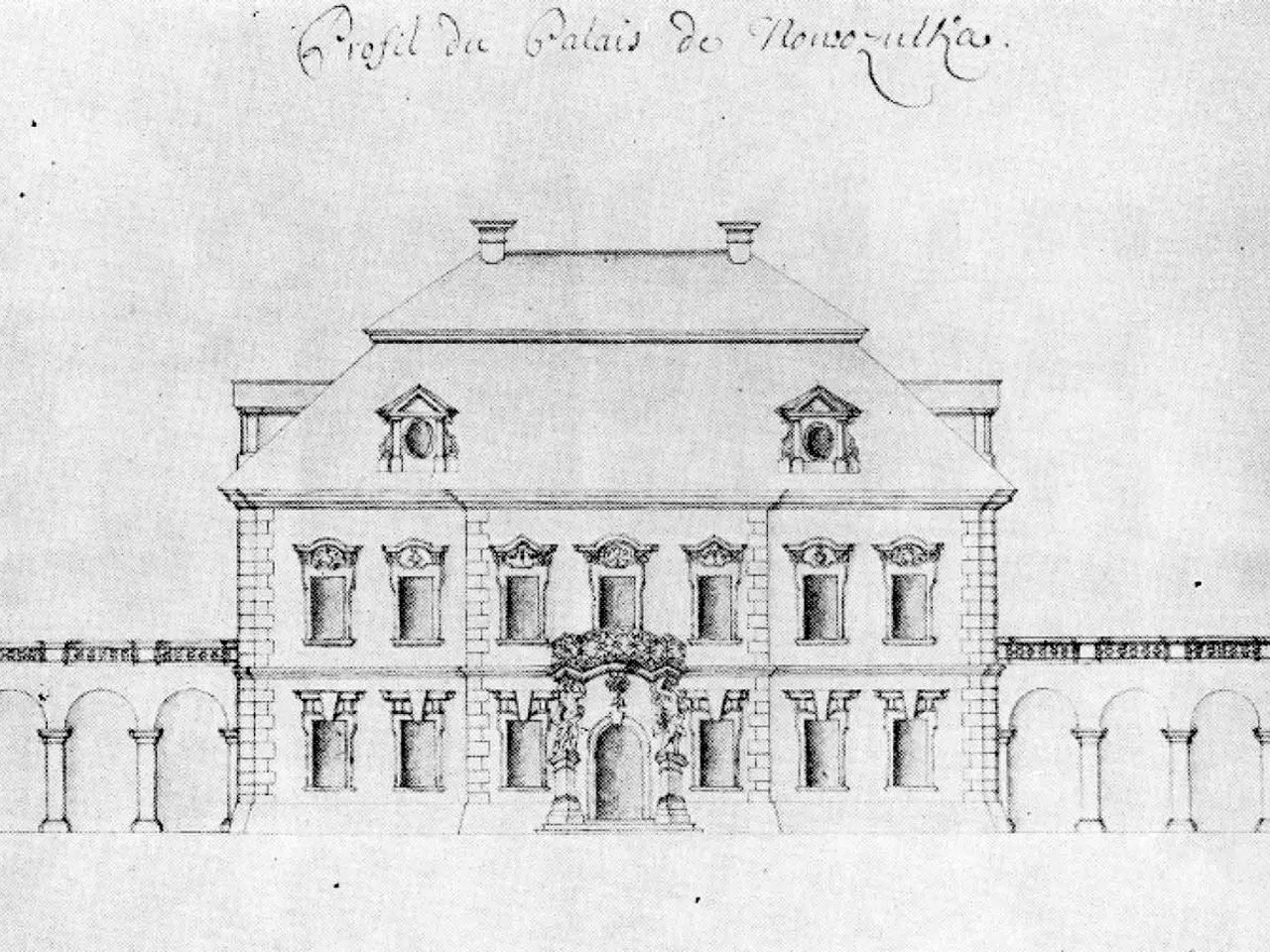 The image shows a drawing of a building with a lot of windows and arches, which is believed to be...