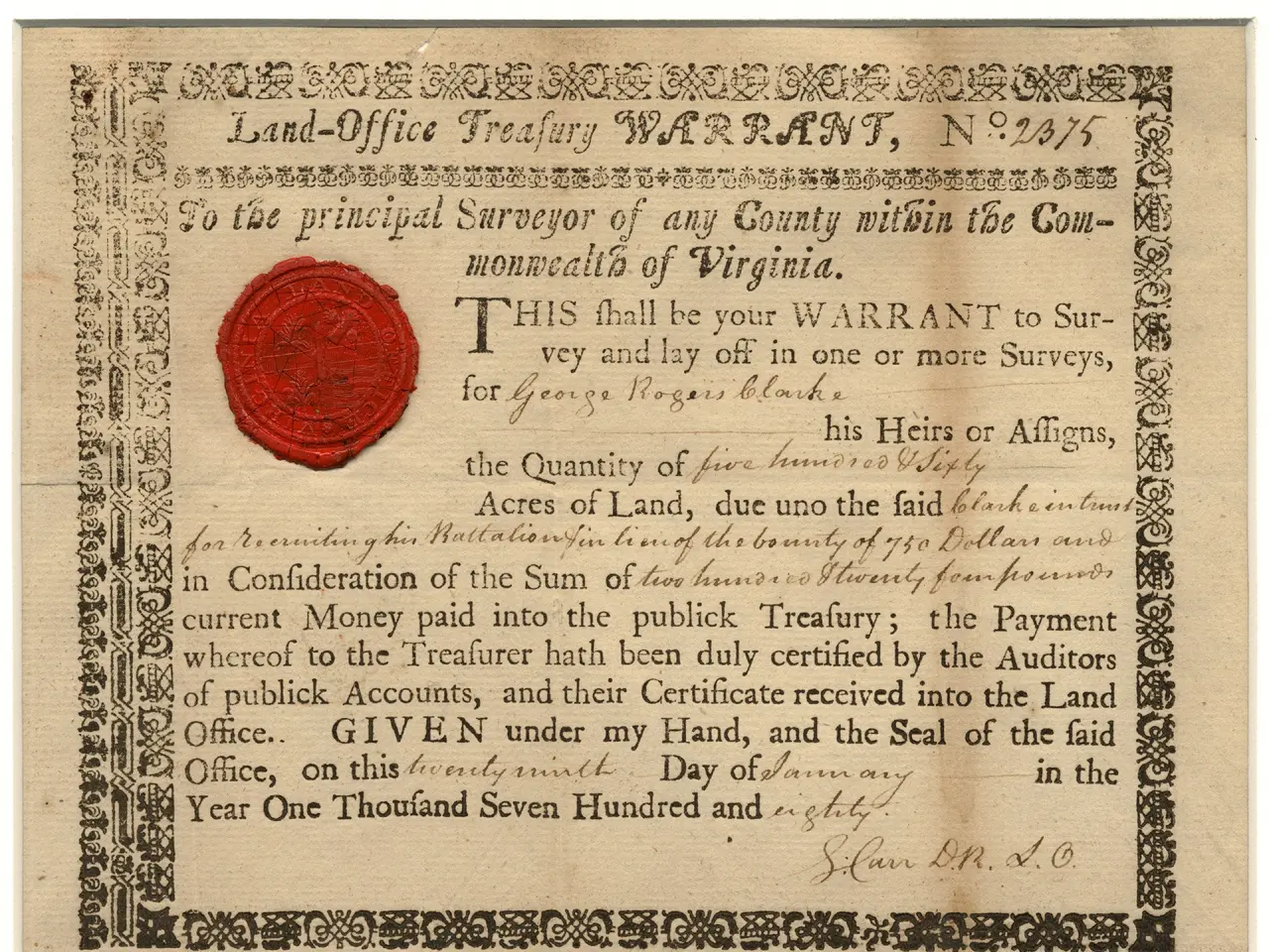 The image shows an old document with a red wax seal on it. The document appears to be a land-office...
