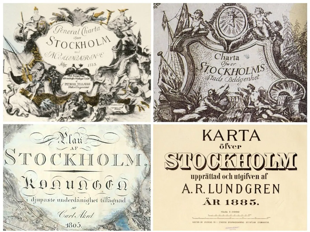 The image shows a collage of four different types of stockholm stock certificates, each with text...