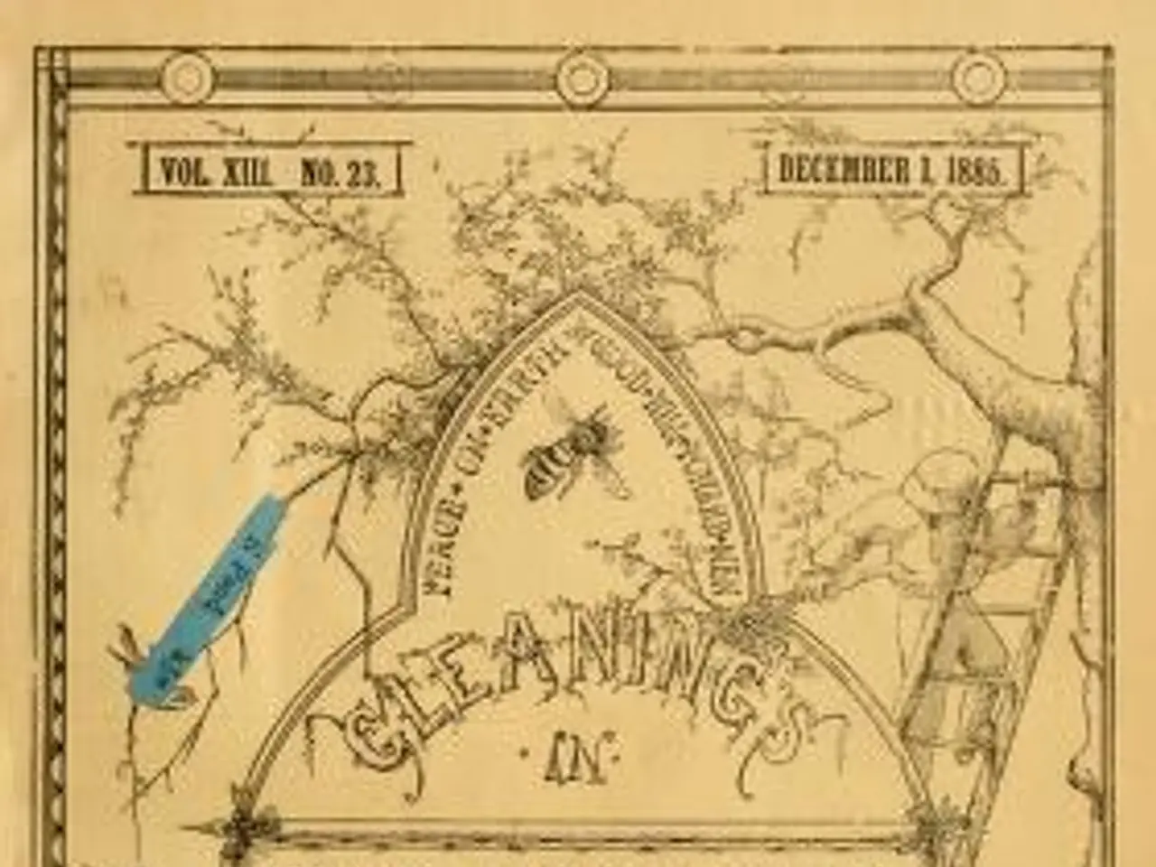 The image shows an old book with a drawing of a bee on it, surrounded by trees, a ladder, and other...
