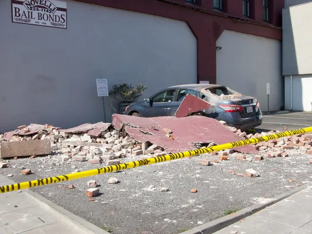 In the image we can see there is a broken wall on the ground and there are red bricks of the wall...