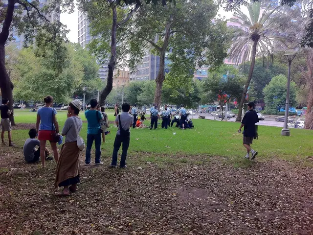 In this image there are people standing on a grassland, in the background there are trees, poles,...