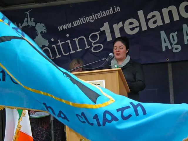 In the picture we can see a woman standing and talking in the microphone on the desk in front of...