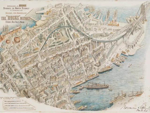 The image shows an old map of the city of Sydney, Australia, with buildings, bridges, and boats on...