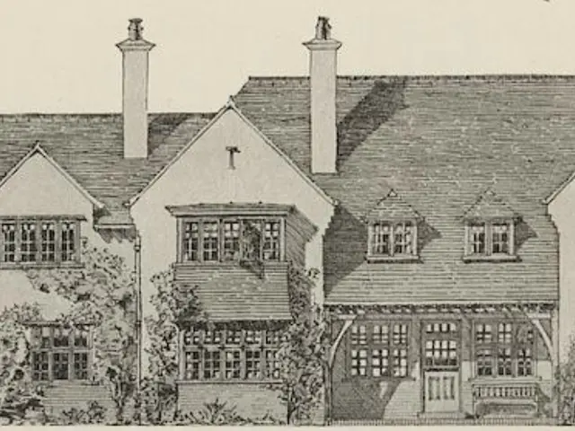 The image shows a drawing of a large house with a lot of windows, surrounded by trees and plants....