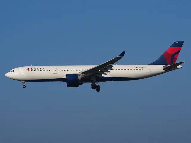 The image shows a Delta Air Lines Airbus A330-300 in flight, with its horizontal stabilizer...