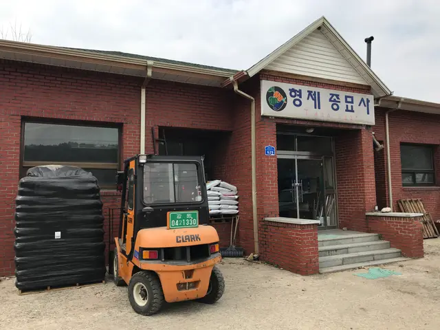 The image shows a forklift parked in front of a building with windows, a door, a signboard with...