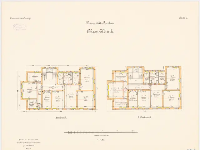 The image shows a drawing of a floor plan of a building with a lot of rooms, which is believed to...
