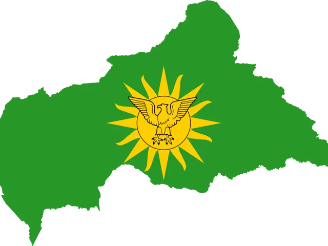 The image shows a map of Kazakhstan with the flag of the country in the center. The map is green...