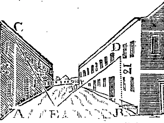 The image shows a black and white drawing of a street with buildings on either side. At the bottom...