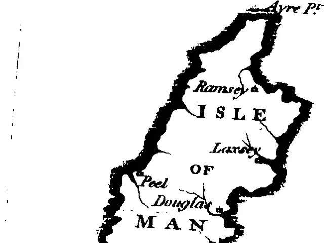 The image shows a black and white map of the Isle of Man, with text written on it. The map is...