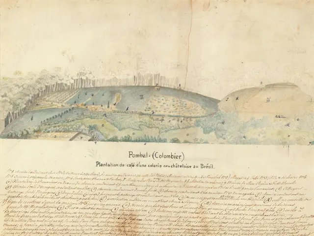 The image shows an old book with a drawing of a map of the city of Pombal, Colombia. The paper has...