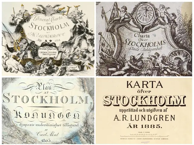 The image shows a collage of four different types of stockholm stock certificates, each with text...