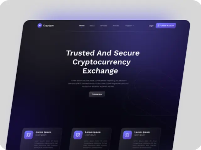 The image shows a tablet displaying a website design for a trusted and secure cryptocurrency...