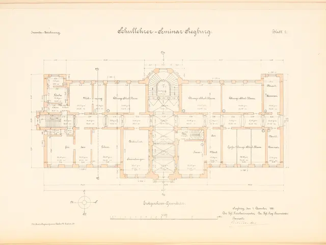 The image shows an old book with a drawing of a floor plan of a building, which is likely the...