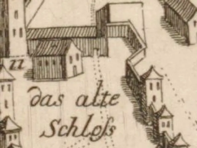 The image shows an old map of the city of Schleswig-Holstein, Germany, with a few buildings and...