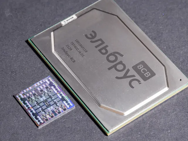 The image shows a close up of a computer processor on a table, with text on the chip indicating...