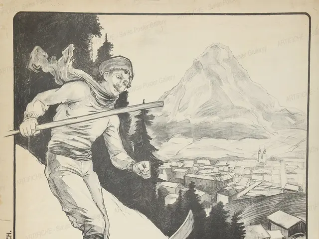 The image shows an old poster advertising a ski resort in Glarus, Switzerland. It features a person...