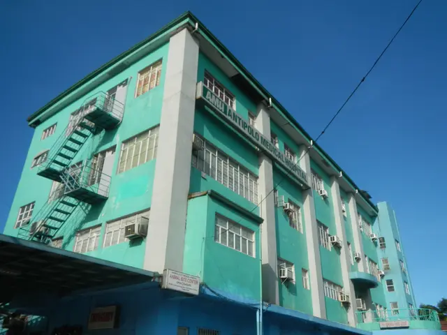 The image shows a large green building with a lot of windows, air conditioners, stairs, railings,...