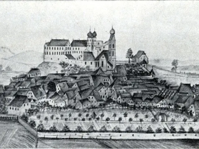 The image shows a black and white drawing of a city with a castle on top of it, surrounded by many...