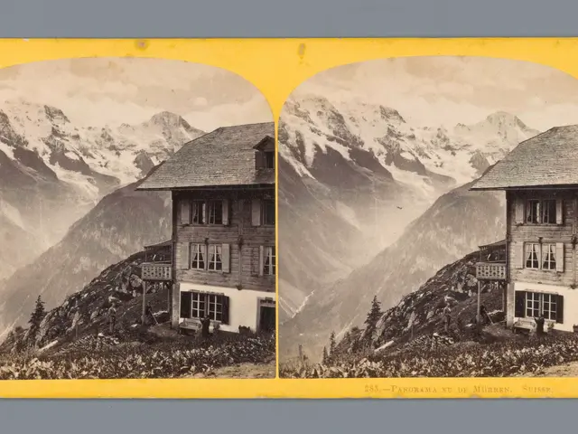 The image shows an old black and white photo of a house nestled in the Swiss Alps, surrounded by...