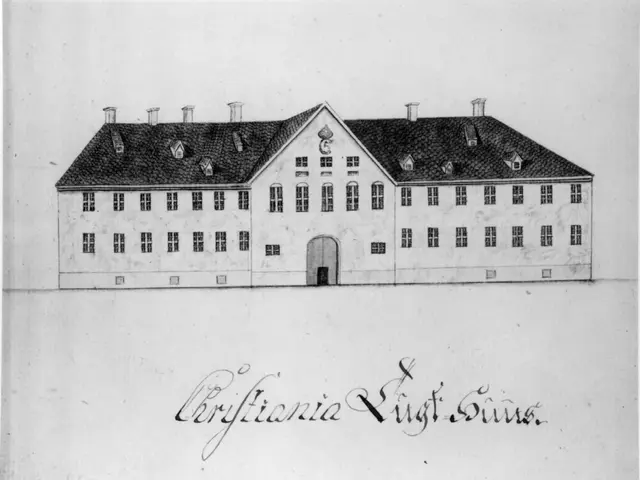 The image shows a black and white drawing of a building with a lot of windows, which is believed to...