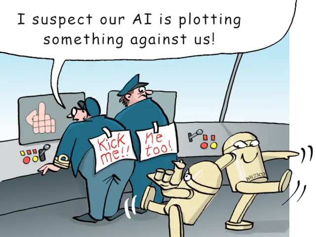 The image shows a cartoon of a man in a police uniform holding a sign that reads "I suspect our AI...