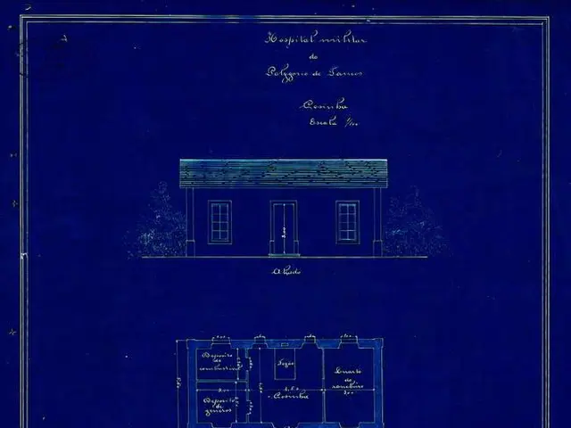 The image shows a blueprint of a small house on a blue background. The blueprint is of a hospital,...