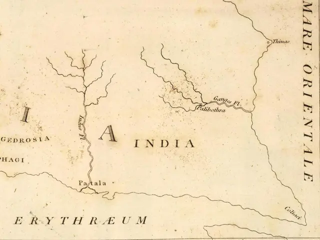The image shows an old map of India with the extent of the Indian Empire clearly visible. The paper...