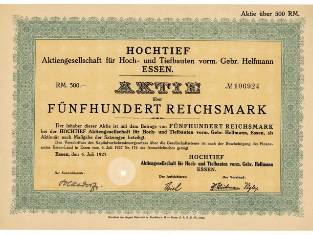 The image shows an old German stock certificate with a green border and text written on it.